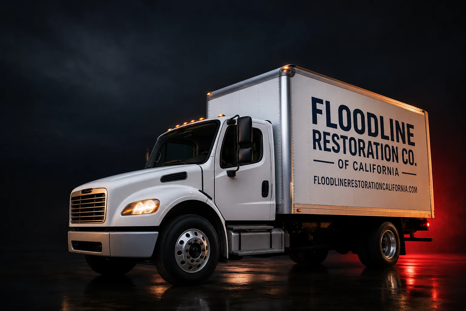 Floodline Restoration Co. of California damage restoration service vehicle and crew in San Diego, CA